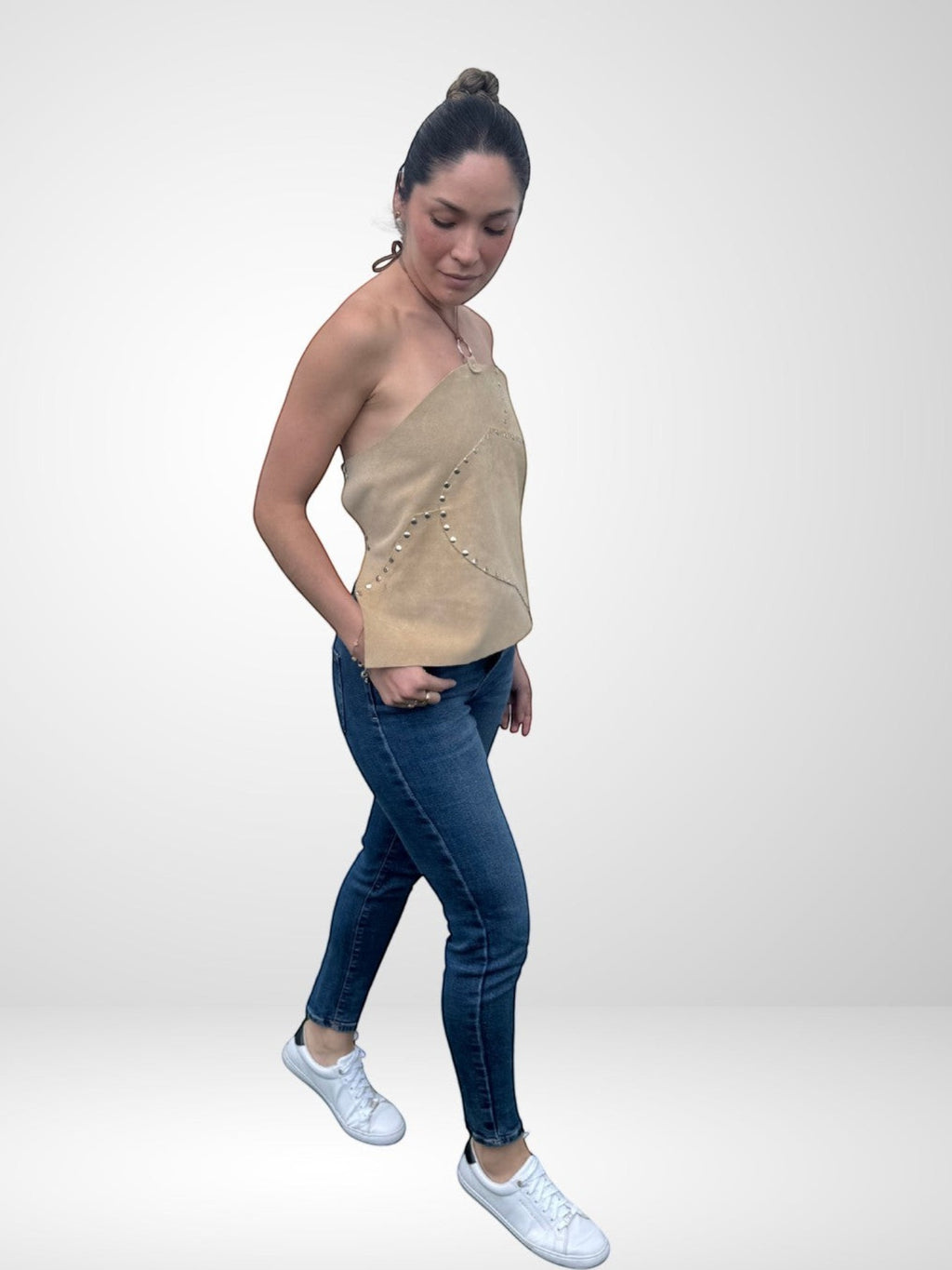 Top retorno pocos remaches gamuza color hueso
