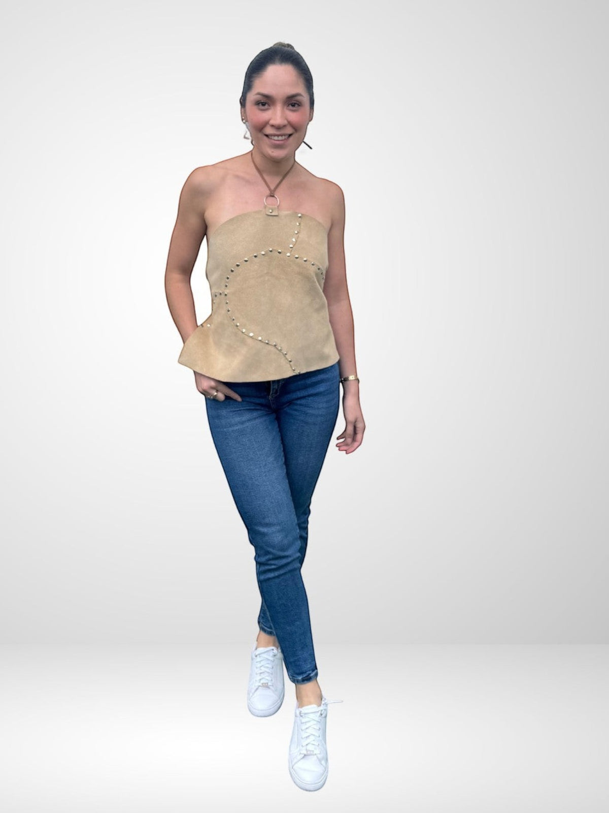 Top retorno pocos remaches gamuza color hueso