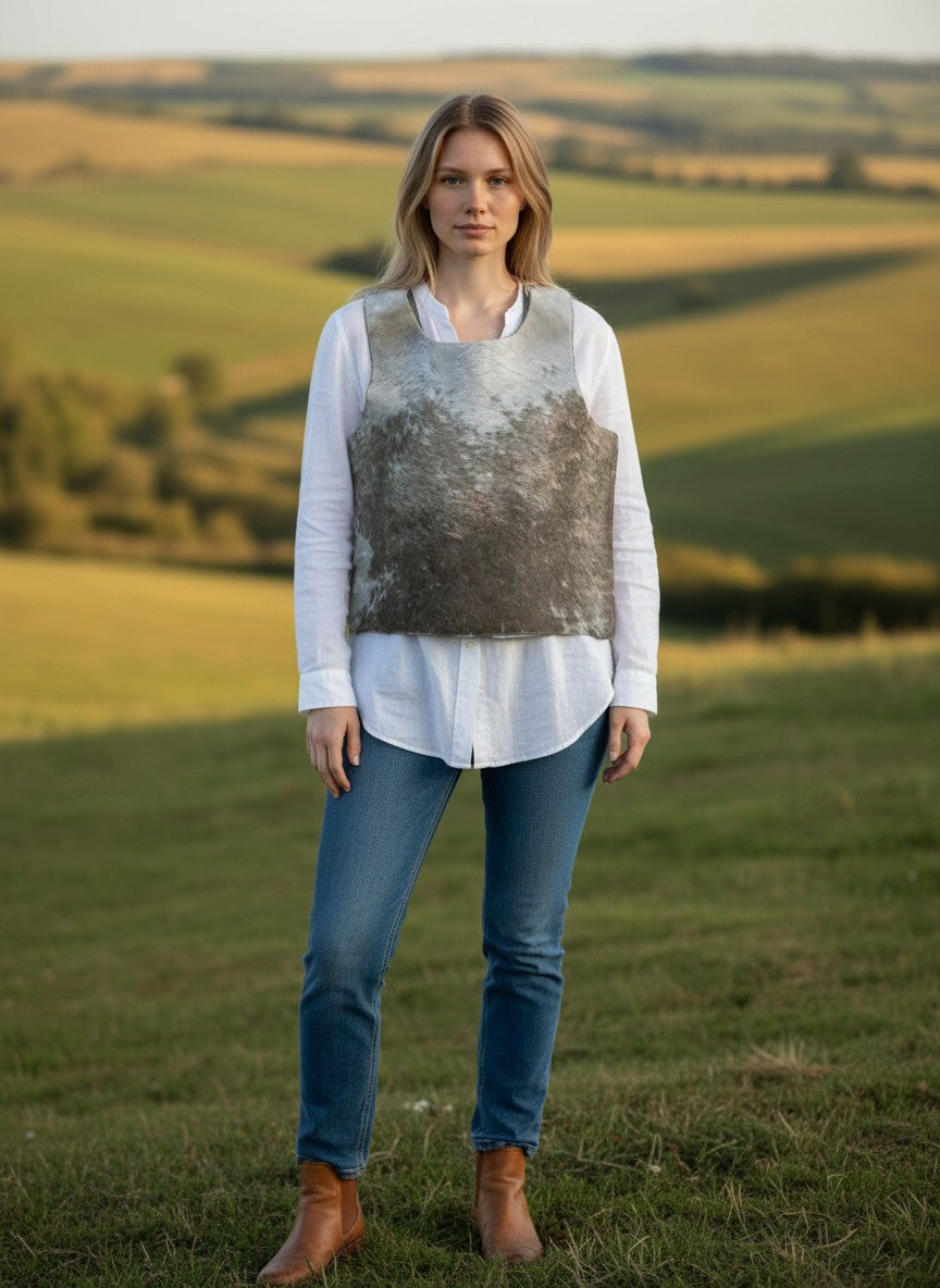 Chaleco Pampa Boho Grace de piel de vaca con estampado moteado natural y remaches en los hombros. Silueta estructurada.