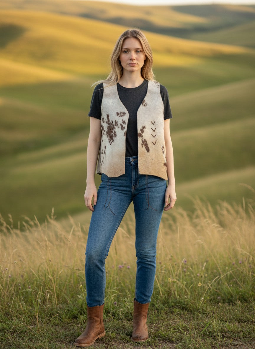 Chaleco de piel de vaca Pampa Boho con estampado moteado natural, diseño abierto y cordones laterales.