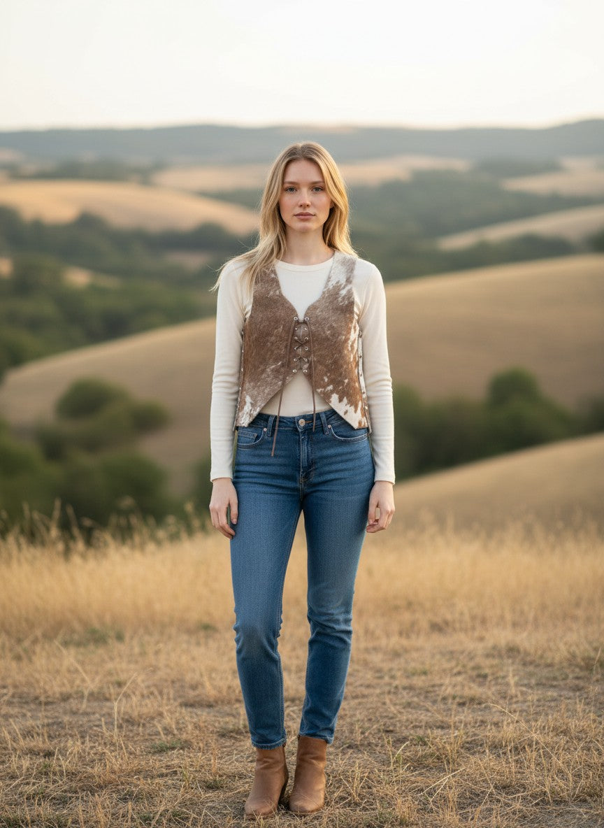 Chaleco Pampa Boho de piel de vaca con estampado moteado natural, cordones frontales y remaches laterales. Sin mangas.