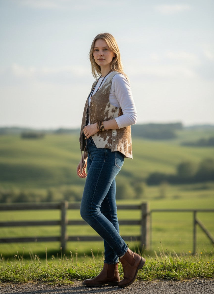 Chaleco Pampa Boho de piel de vaca con estampado moteado natural, cordones frontales y remaches laterales. Sin mangas.