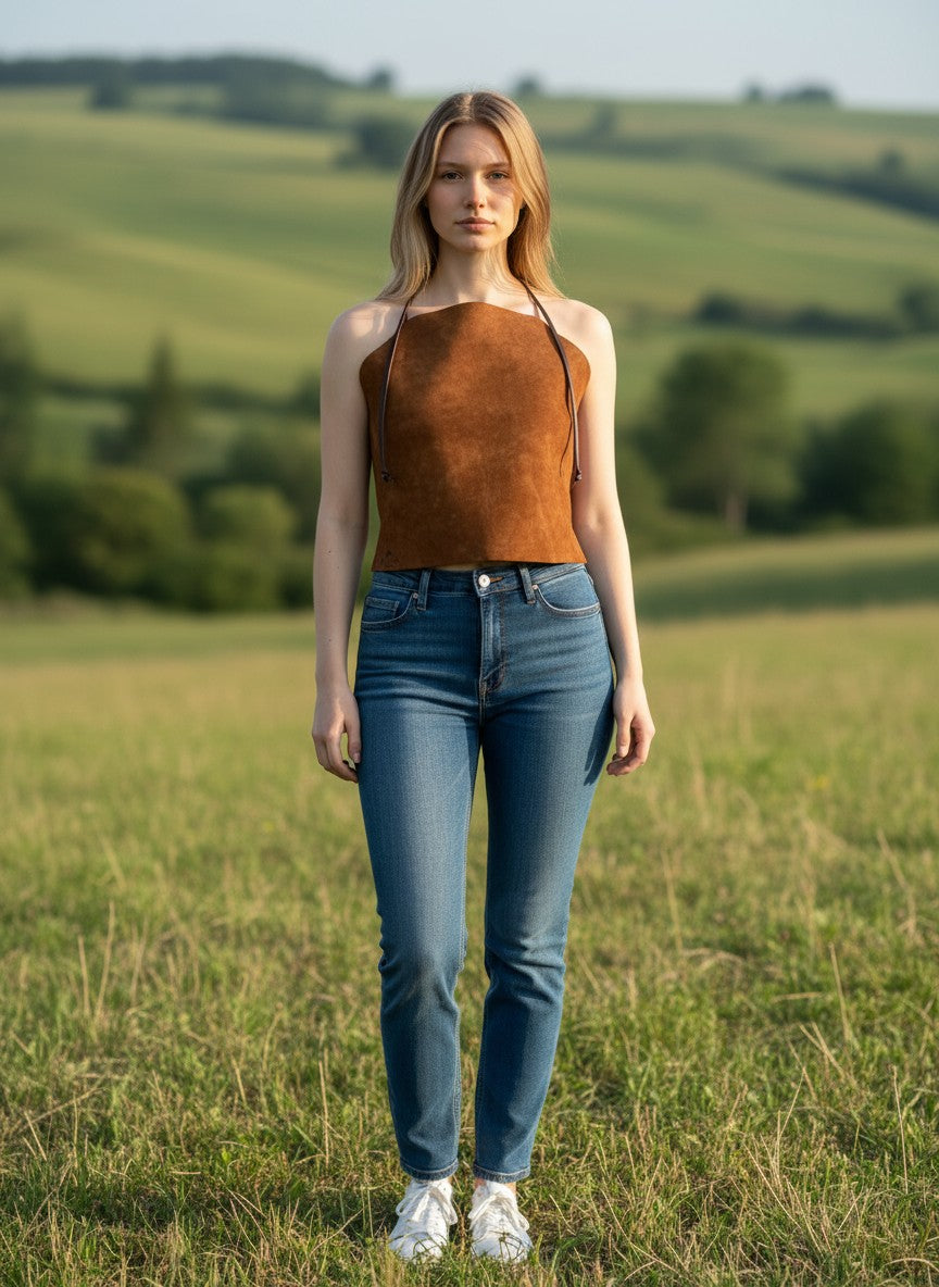 Top Pampa Boho de gamuza marrón con cuello halter y espalda descubierta. Cierre de cordón ajustable. 100% gamuza.
