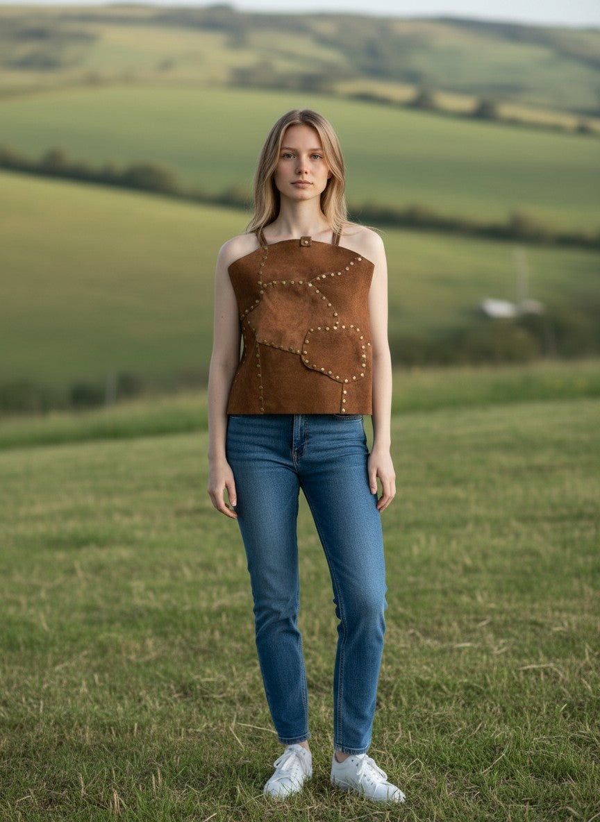Pampa Boho Top de gamuza color tabaco con remaches metálicos en el frente. Diseño artesanal de corte recto, talla única.