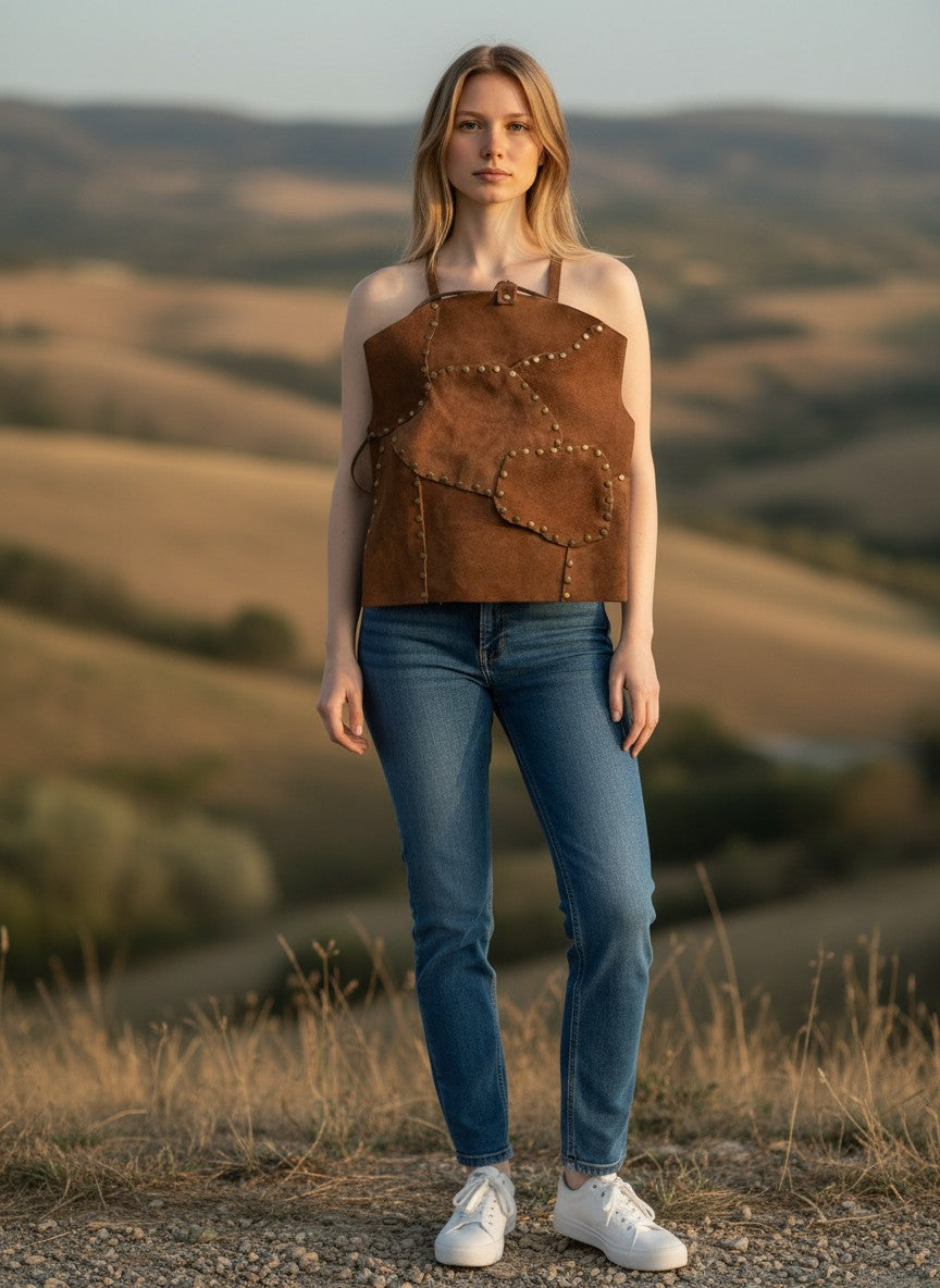 Top Pampa Boho de gamuza color tabaco con remaches metálicos y detalle de costura artesanal. Unitalla.