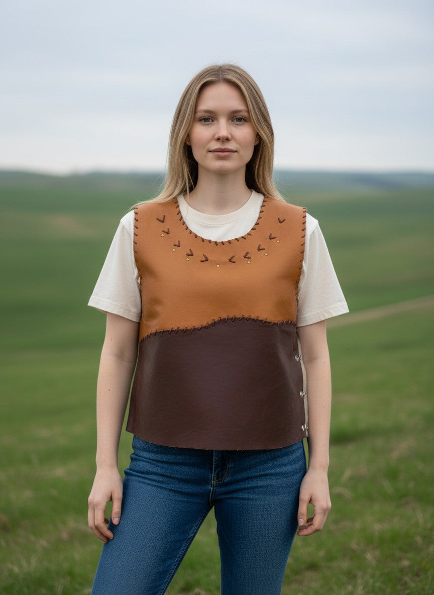 Top de piel Pampa Boho en dos tonos chocolate, con remaches y detalles bordados. Unitalla, hecho a mano.