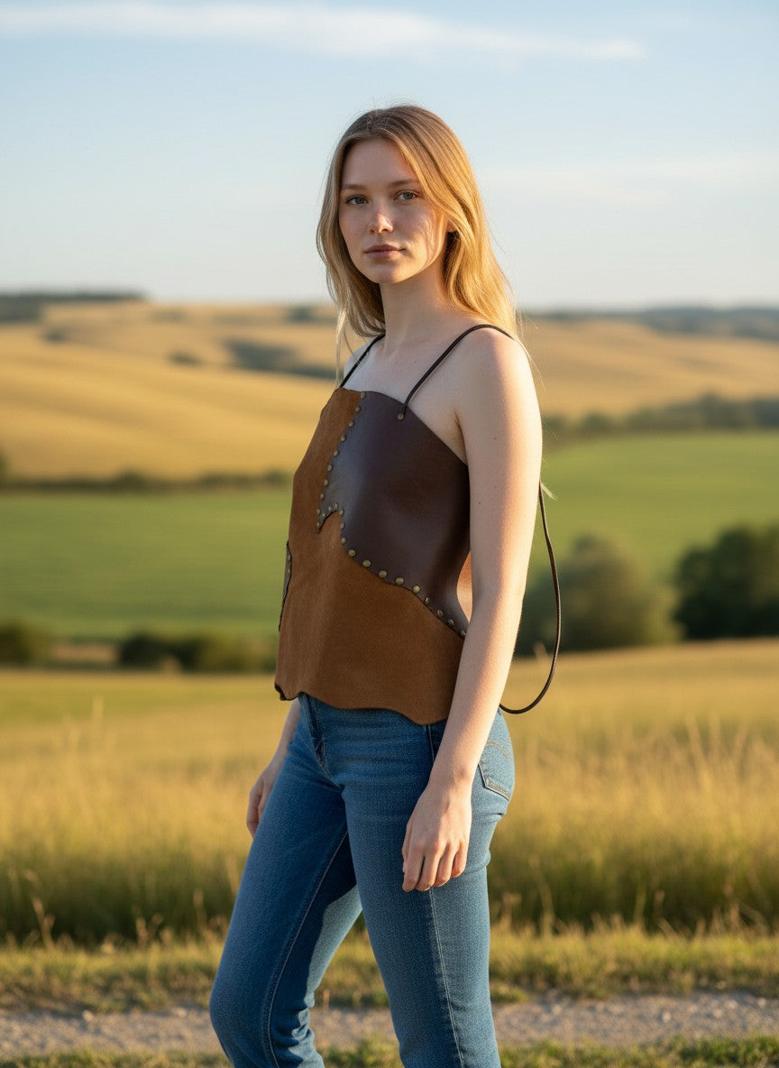 Top halter Pampa Boho de piel marrón y ante con remaches y espalda abierta. Ajustable al cuello. UNITALLA.