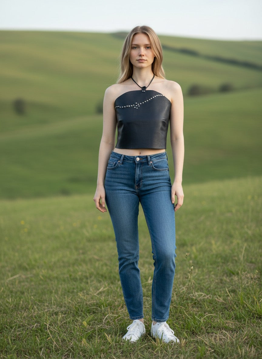 Top negro de piel de vaca Pampa Boho con remaches y cuello halter ajustable. Espalda abierta.
